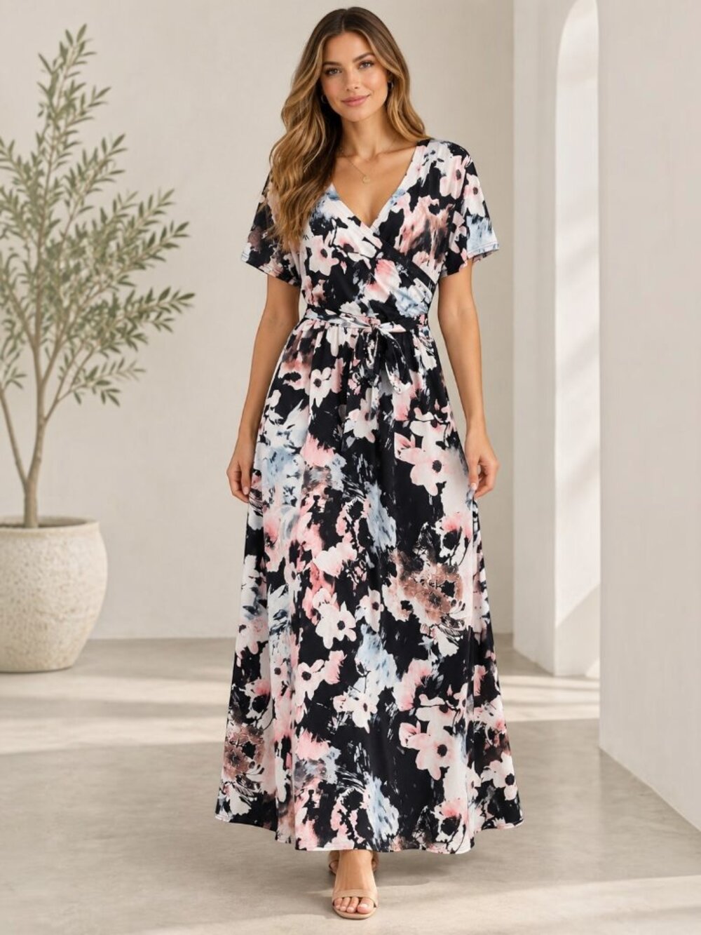Black Floral Faux Wrap Maxi Dress Tie Waist Short Sleeve Size L